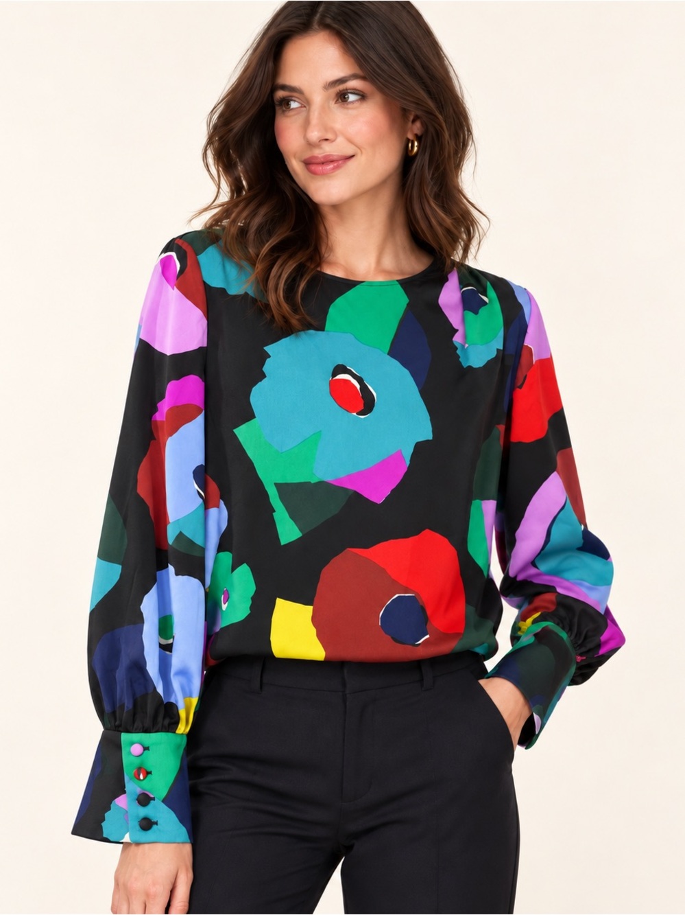 Kate Spade New York Floral Collage Blouse Multicolor Black Size L